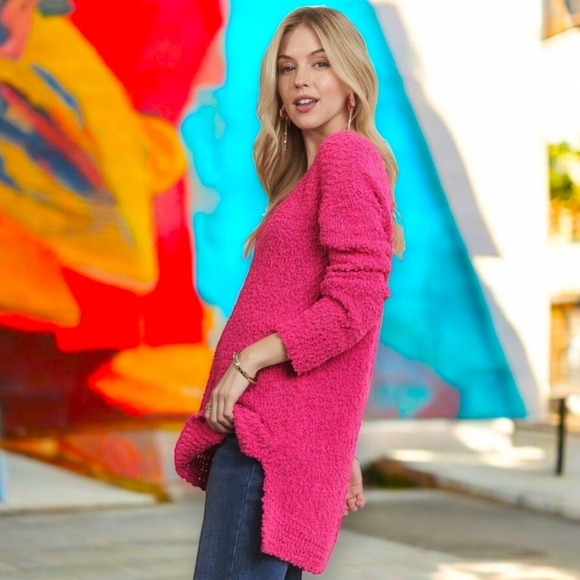 🆕️ADORA High-Low V-Neck Popcorn Knit Sweater Layering Cozy Style Barbiecore - Picture 4 of 7